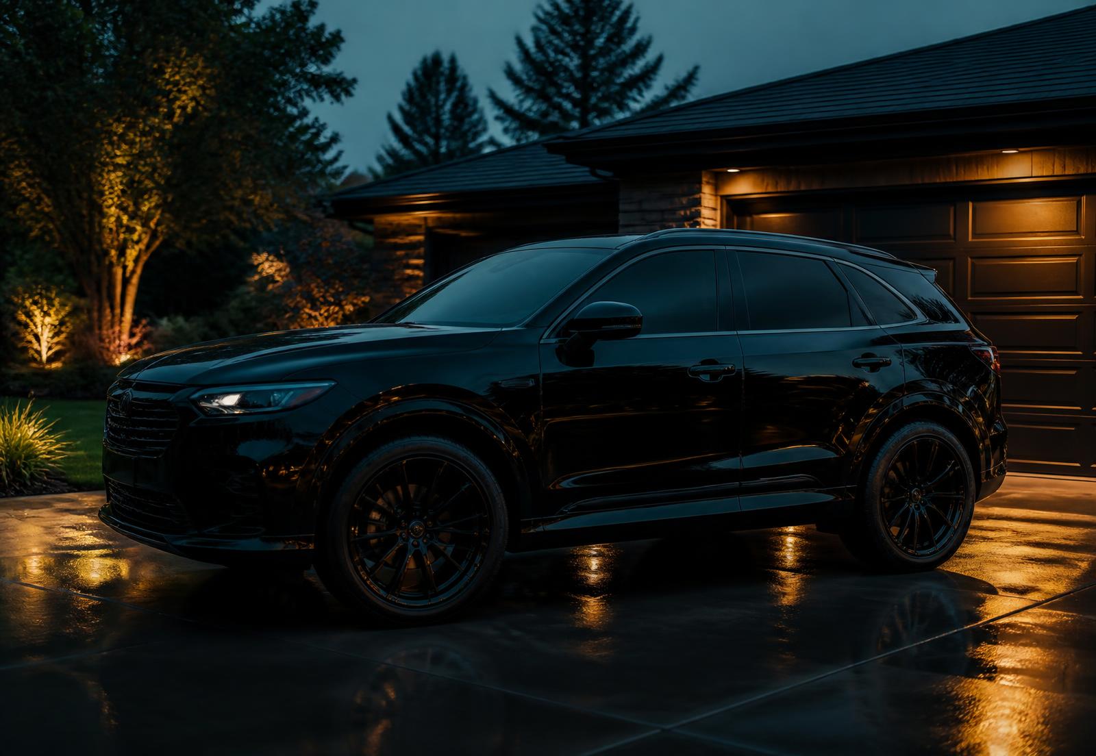 Freshly tinted black SUV in a residential driveway at dusk